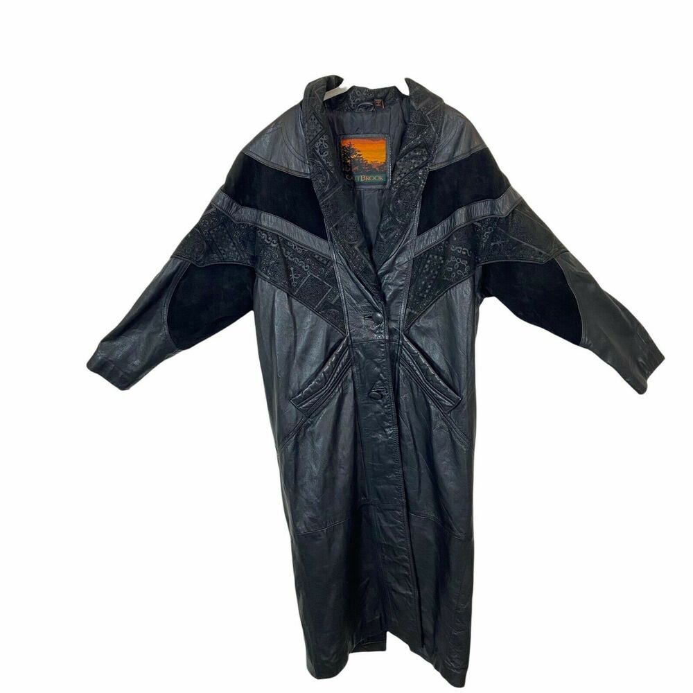 Leather Trench Coat Vintage Outbrook Women's Black Genuine Funky Retro Long sz M